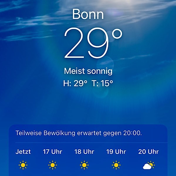 Die Wetter-App am 12. Juni 2023, 29 Grad in Bonn