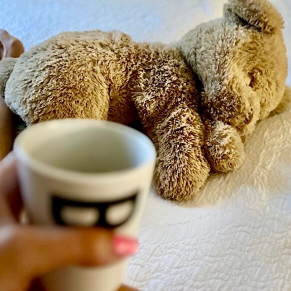 Schlafender Teddy. Im Vordergrund hält eine weibliche Hand eine Tasse Kafee.